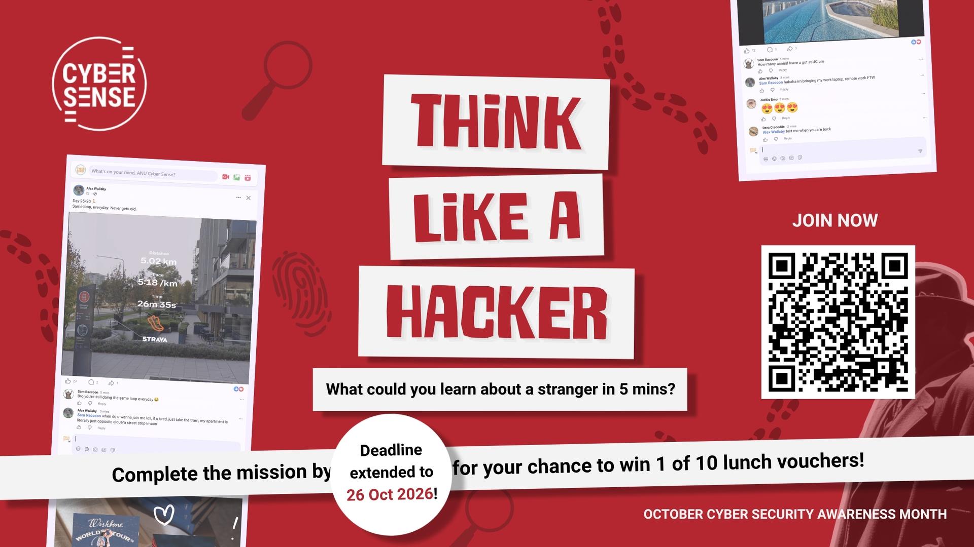 Cyber Sense &ldquo;Think like a hacker&rdquo; challenge banner. Stating that the deadline is extended to Monday 26 October, with 10 lunch vouchers to be won.